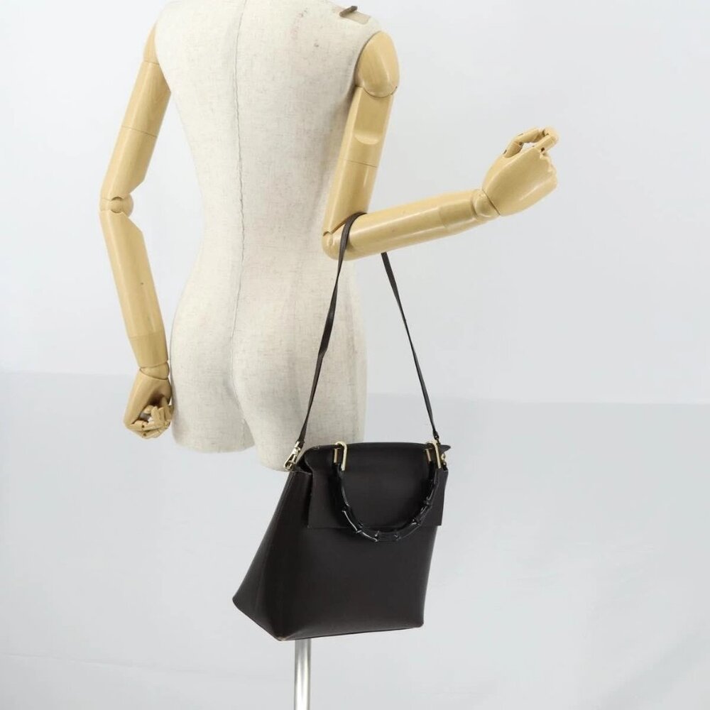 GUCCI Bamboo Hand Bag Leather 2way Brown Gold 001 1886 Auth BA7787